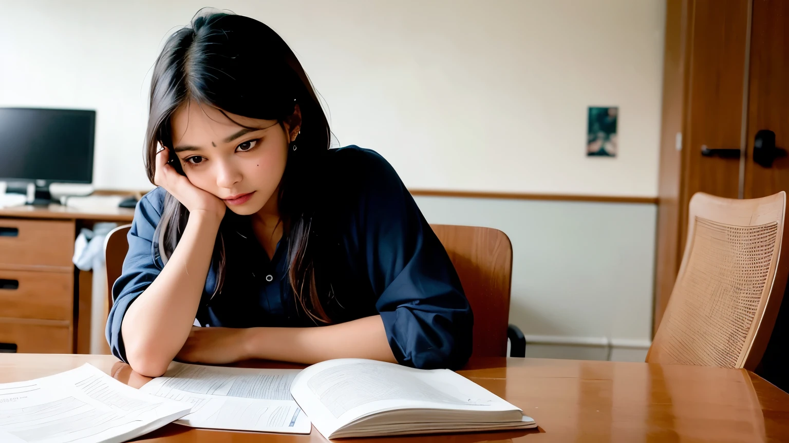 ((best quality)), ((masterpiece)), (detailed), An illustration of an young Indian woman sitting at a desk in an office, looking worried and deep in thought.
