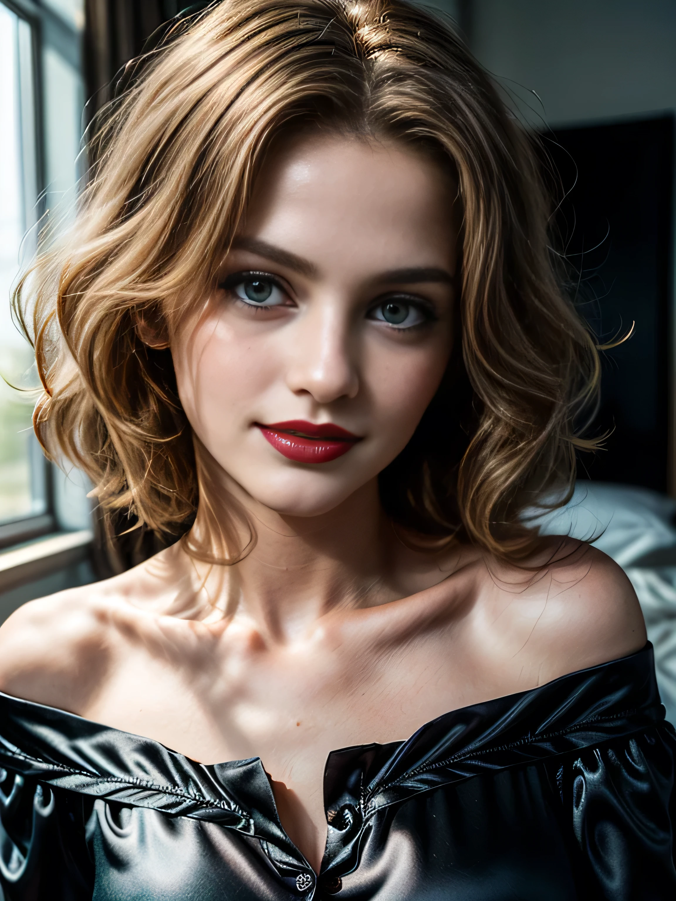 (masterpiece, photorealistic:1.4, extremely intricate:1.3), (photon mapping, radiosity, physically based rendering, ultra resolution, hyper-realistic, photorealistic:1.4, hyper-realistic, 8K), ((((solo, 1girl) teenage supermodel, (mysterious, smirk, bright lipstick)), makeup:1.2)), dark room, dark background, black background, solo, BREAK; BREAK ((((blonde short curly hair, [green eyes:blue eyes:0.8]), [skin detail:freckles:0.7]))), ((fujicolor)), (((([large breasts:medium breasts:0.2], (bedroom, (black silk pajamas, off shoulder, 19 years old girl)), ((portrait, closeup, decolletage))), dark bedsheet, bokeh, sharp focus)))