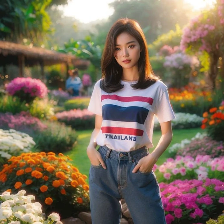 Close-up photo, Southeast Asian women with round faces, long hair,black eyes,abdominal muscles, The body is beautiful and strong., thick hips, Outdoors in the countryside, old shabby thatched hut, There are flowers around the hut., Warm light, The morning sun shines beautifully., (digital painting, HDR, high contrast), 3d, 8K, 45,000,000 pixcls,