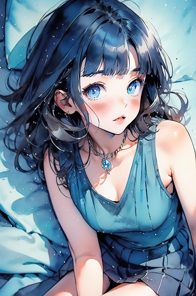 manga style, classical, art by akira toriyama, (1girl) ,((lomg black hair with pastel blue highlights, hime cut, blunt bangs)), white shirt, black vest,  gray maxi mini skirt, sparkling eyes, crystal blue eyes, laying in bed ,bedroom background, detailed bedroom,blush