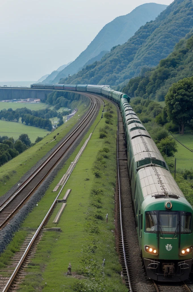 The green train is heading off into the distance，You can see that the whole train is very long，The locomotive heads into the distance