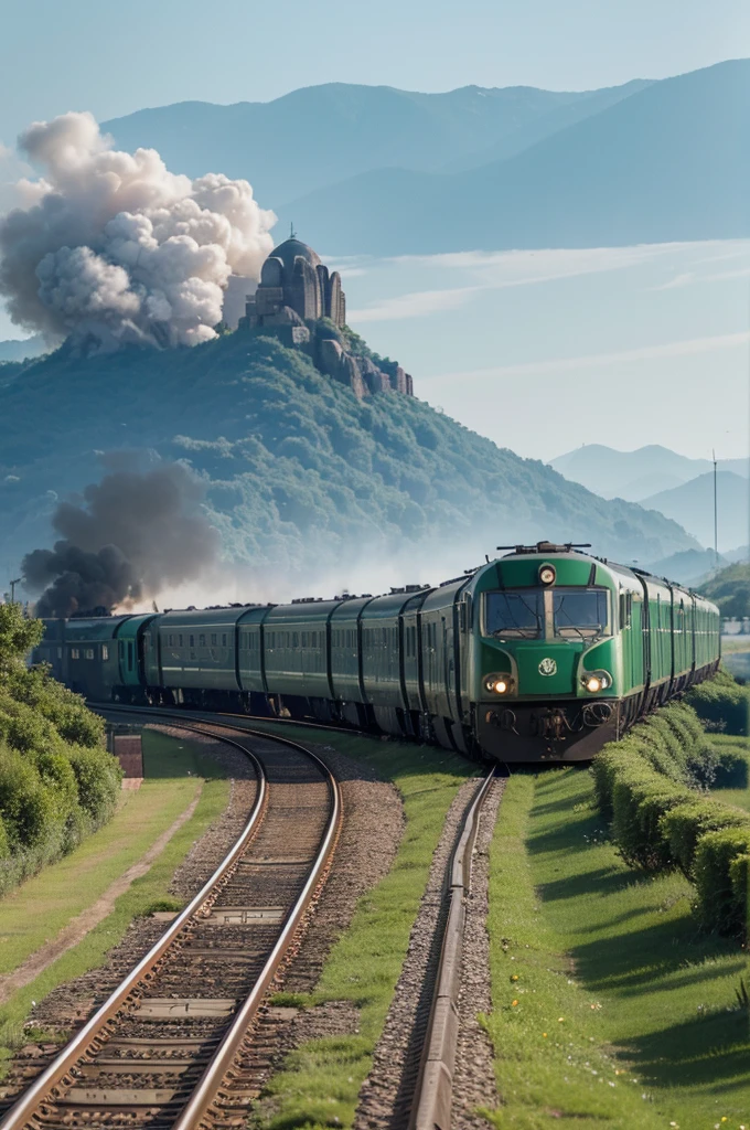 The green train is heading off into the distance，You can see that the whole train is very long，The locomotive heads into the distance