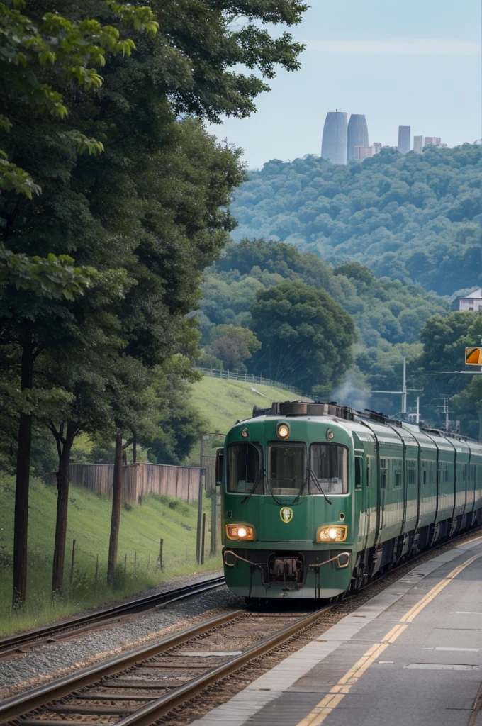 The green train is heading off into the distance,You can see that the whole train is very long,The locomotive heads into the distance
