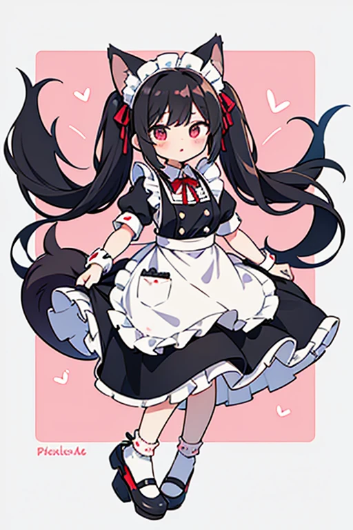 One adult woman,hair_black,Twin tails,big tail,apron_Red,Classic Maid,long,eye_pink,socks_white,pumps_black