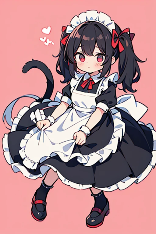 One adult woman,hair_black,Twin tails,big tail,apron_Red,Classic Maid,long,eye_pink,socks_white,pumps_black