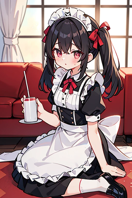 One adult woman,hair_Navy Blue,Twin tails,big tail,Cafe Waitress,apron_red,Classic Maid,Clothes_red,gentleman_long,eye_pink,socks_white,pumps_black,clear,Elegant,red面