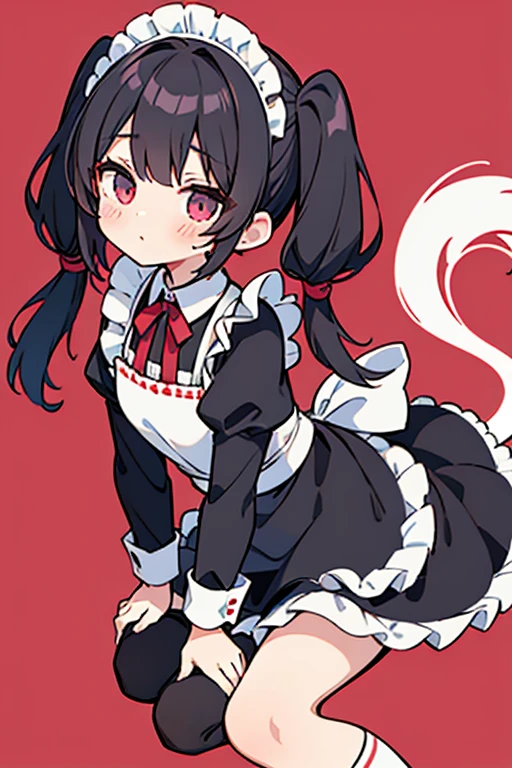 One adult woman,hair_black,Twin tails,big tail,apron_Red,Classic Maid,long,eye_pink,socks_white,pumps_black