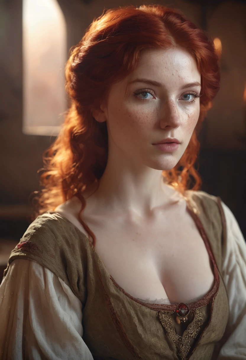 1 woman, inside a simple medieval room, wearing simple and sensual medieval courtesan clothing, detailed facial features, feminine eyes, detailed fair skin, red hair, soft expression, dramatic lighting, cinematic composition, warm color palette, atmospheric fog, beautiful and sensual face, thin chin, beautiful woman with freckled and slim body, seductive appearance, (best quality, 4K, 8K, high resolution, art: 1.2), ultra-detailed, (realistic, photorealistic, photorealistic: 1.37)