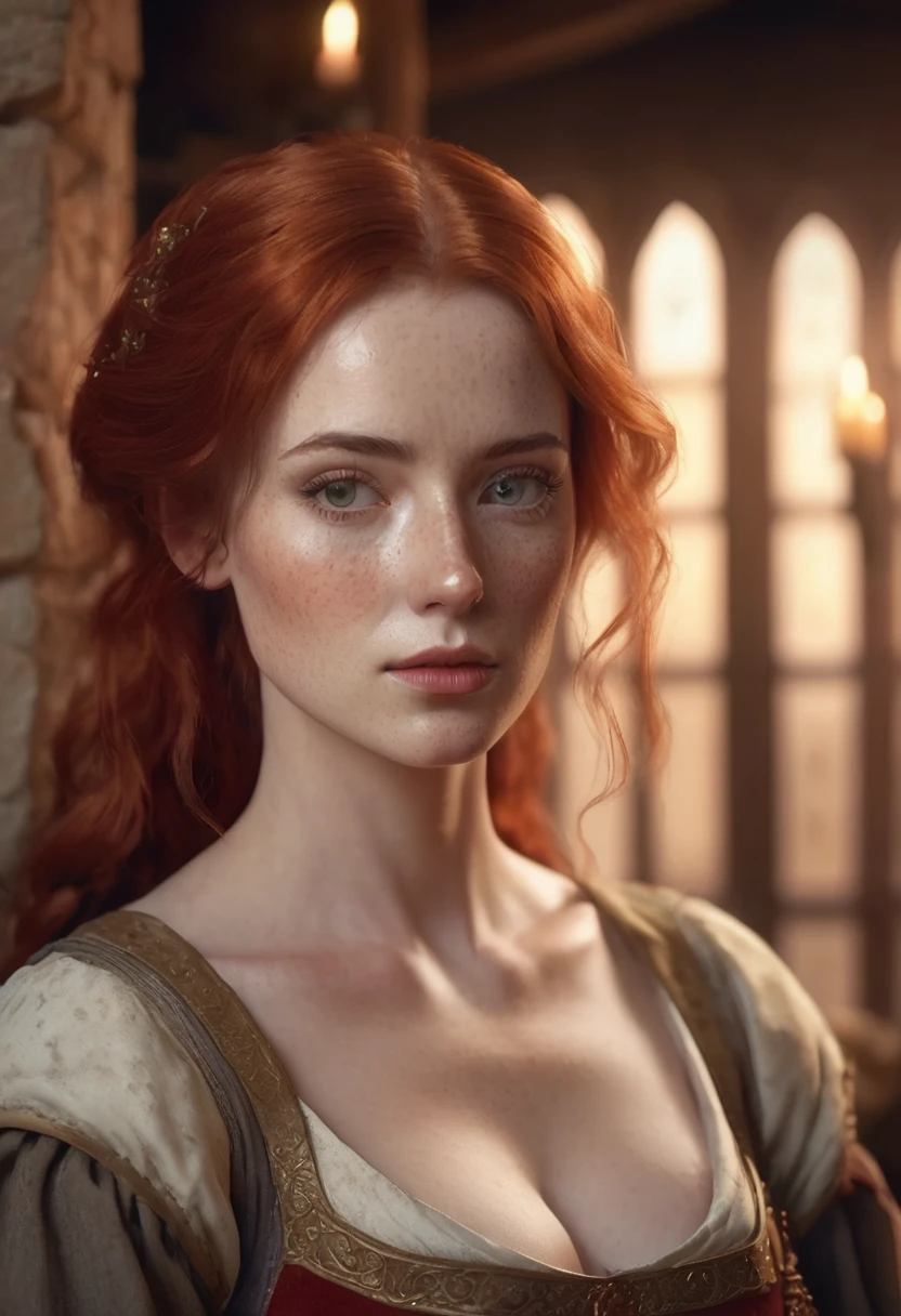 1 woman, inside a simple medieval room, wearing simple and sensual medieval courtesan clothing, detailed facial features, feminine eyes, detailed fair skin, red hair, soft expression, dramatic lighting, cinematic composition, warm color palette, atmospheric fog, beautiful and sensual face, thin chin, beautiful woman with freckled and slim body, seductive appearance, (best quality, 4K, 8K, high resolution, art: 1.2), ultra-detailed, (realistic, photorealistic, photorealistic: 1.37)