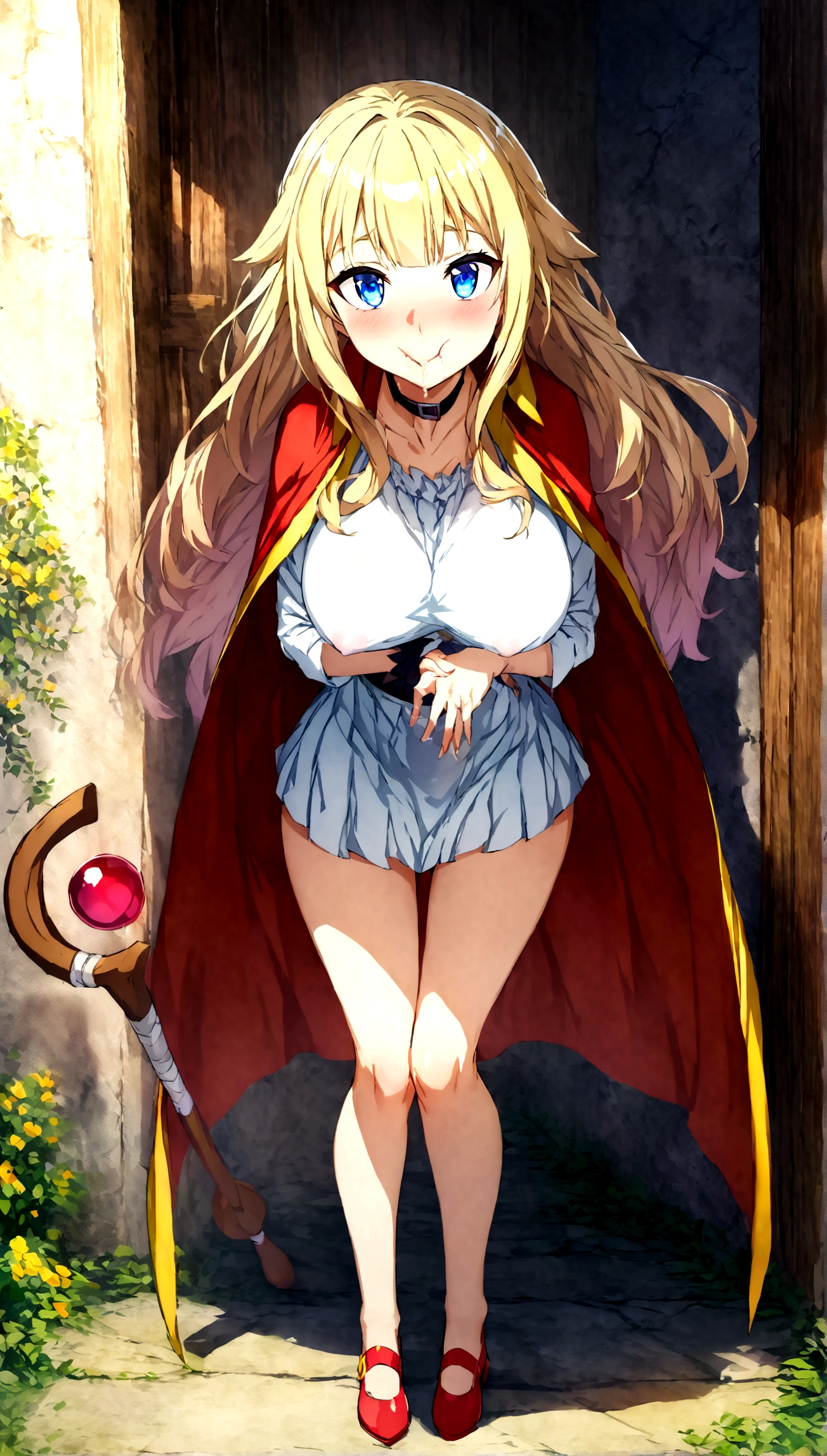Anime. Kono Subarashii Sekai ni Shukufuku wo. Megumin. 1 girl. Cutie. Enchantress. Mag. Blonde. Long hair. Hair ornament. Blue eyes. Beautiful eyes. Perfect eyes. Expressive eyes. Ideal face. Face about to sneeze
Sneezing face. Beautiful nose. Snotty nose. After sneezing, long snot hangs from the nose. 16 years. Big breasts. Beautiful breasts. She is ill. She has a cold. She has allergies. She has a runny nose. Nasal mucus. She has snot. She wants to sneeze. She needs to sneeze. She has a strong, desperate urge to sneeze. She sneezes. She sneezes. Splashes of snot fly to the sides. Snot flows from the nose. She has urinary incontinence. She wants to pee. She needs to pee.
She has a strong, desperate urge to pee. Iskkay. Fantasy. City. Street. Many people. Ideal anatomical body. Hand on crotch. Squeezes the perineum tightly. Rubs the crotch. The knees are all different, the feet are different. The girl can't stand straight. Pointed, wide-brimmed magic hat. Magic staff. Casts mortification. White linen blouse. Skirt. Shoes. Cloak. Full height. Beautiful character design. Shiny skin. Whole body. NFS. Official art. Extremely detailed CG Unity 8k wallpaper. Ideal lighting. Ultra high resolution 4K. Super detailed 8K. A high resolution.