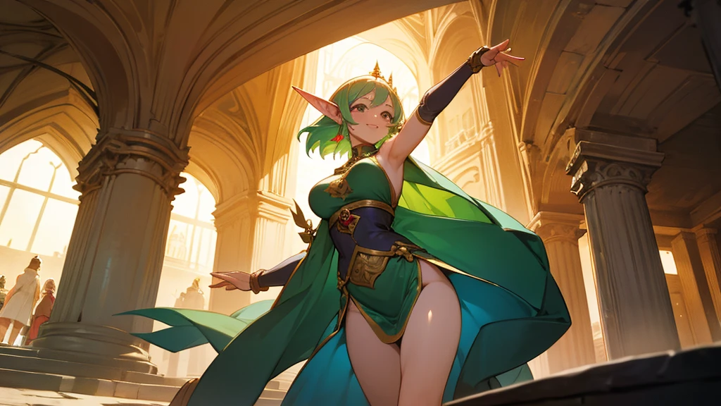 Anime Style,Nostalgic,A detailed background with many people,The medieval world,A palace-like cave,Smiling dancing elf girl,Large Breasts,Healthy thighs,Underarm