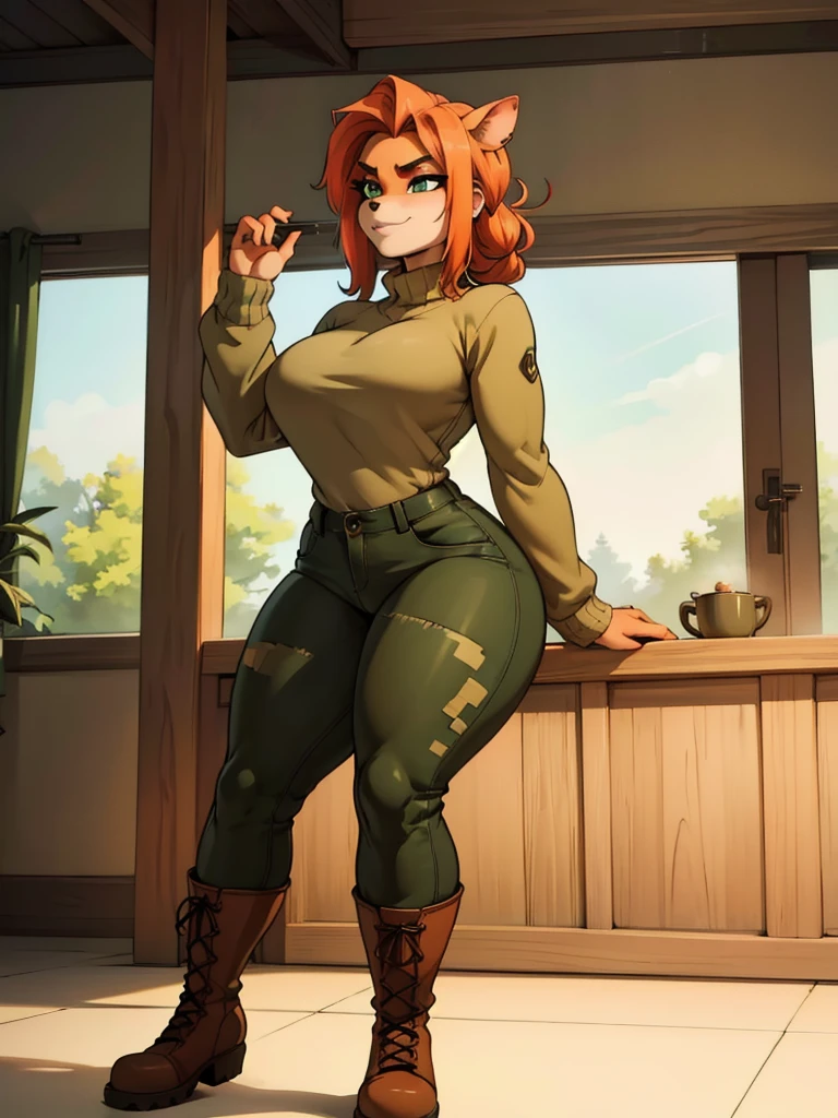 (best quality,4k,8k,highres,masterpiece:1.2),ultra-detailed,realistic:1.37,portrait,anthro bandicoot girl redhead, braided hair, beautiful green eyes, sexy relaxing moment, sexy ,seductive, warm sweater, camouflage pants, army boots, smirking, cozy lighting, vibrant colors , girl anthro , sweater, camouflage pants, army boots, date ,