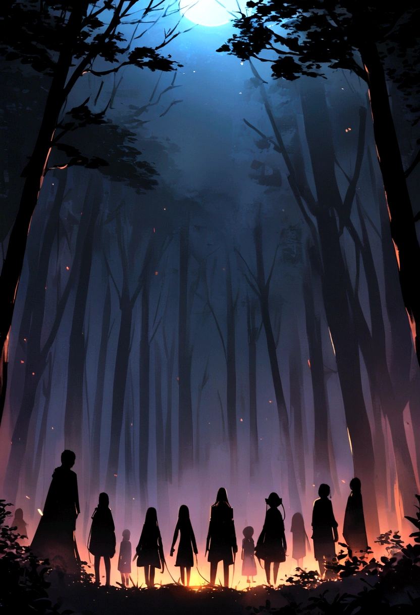 Night time and 7 people are standing in the Forest which is dangerous and creepy 