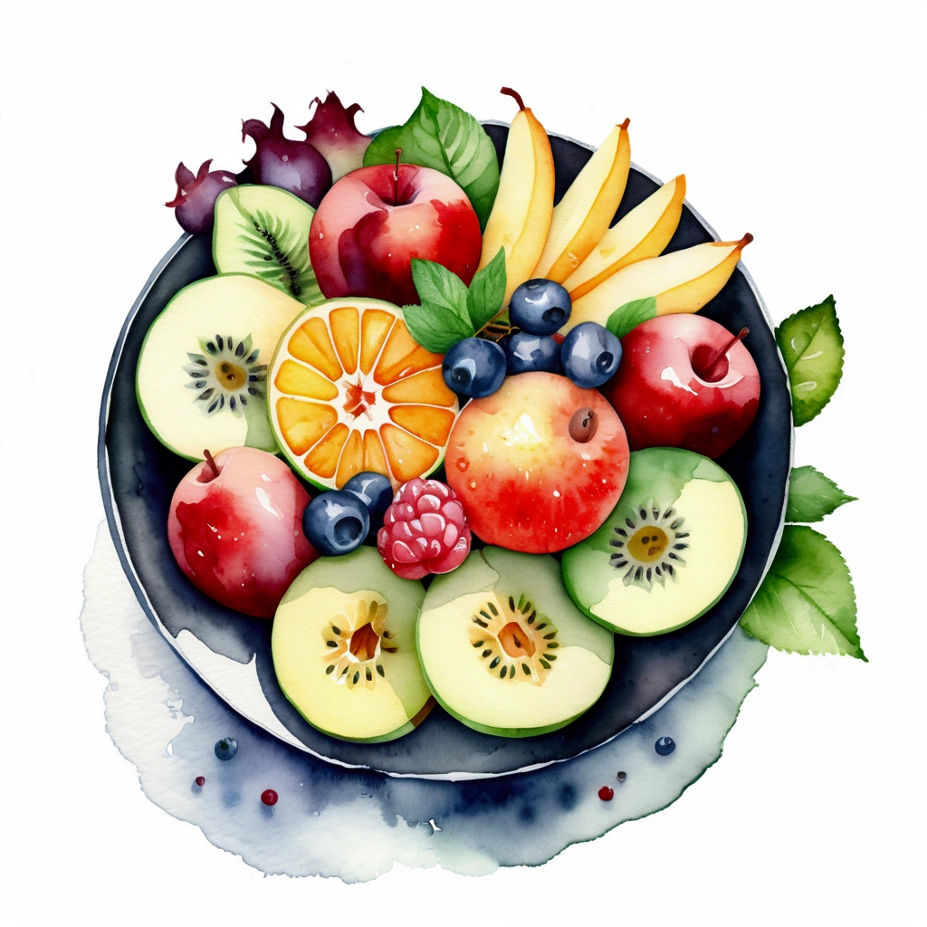 a very clean image painting of a black bowl of many delicious creamy fruits salad ((watercolor)), solid white background, center composition, negative space around the object, washed out color, detailed masterpiece, loose drawing, clipart, vector art, illustration
