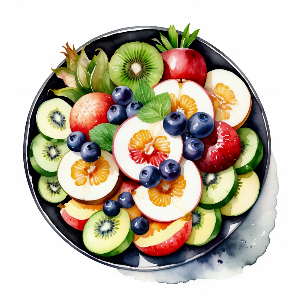 a very clean image painting of a black bowl of many delicious creamy fruits salad ((watercolor)), solid white background, center composition, negative space around the object, washed out color, detailed masterpiece, loose drawing, clipart, vector art, illustration