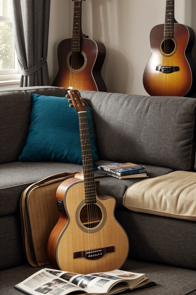 An acoustic guitar can be seen on a sofa. It also looks like some clothes on the sofa. Books and magazines were scattered under the sofa. Describe the situation from a close-up with an emphasis on space, shape, interweaving and lighting,in fine arts with pencil.