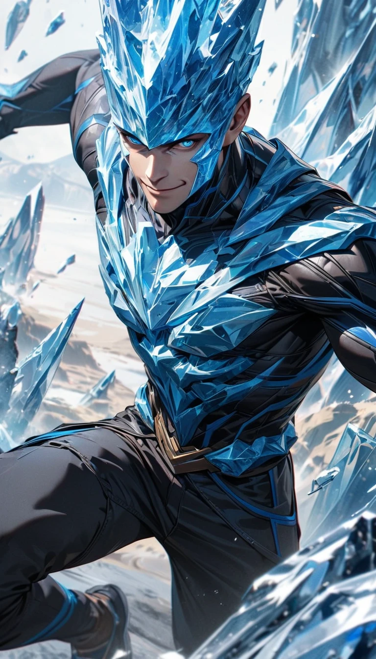  boy, short blue hair, blue eyes, smile, superhero form, shorts, sleeveless, ice, Iceman, X-Men form, Masterpiece, best quality, Full HD, 8k, ultra details, great graphic