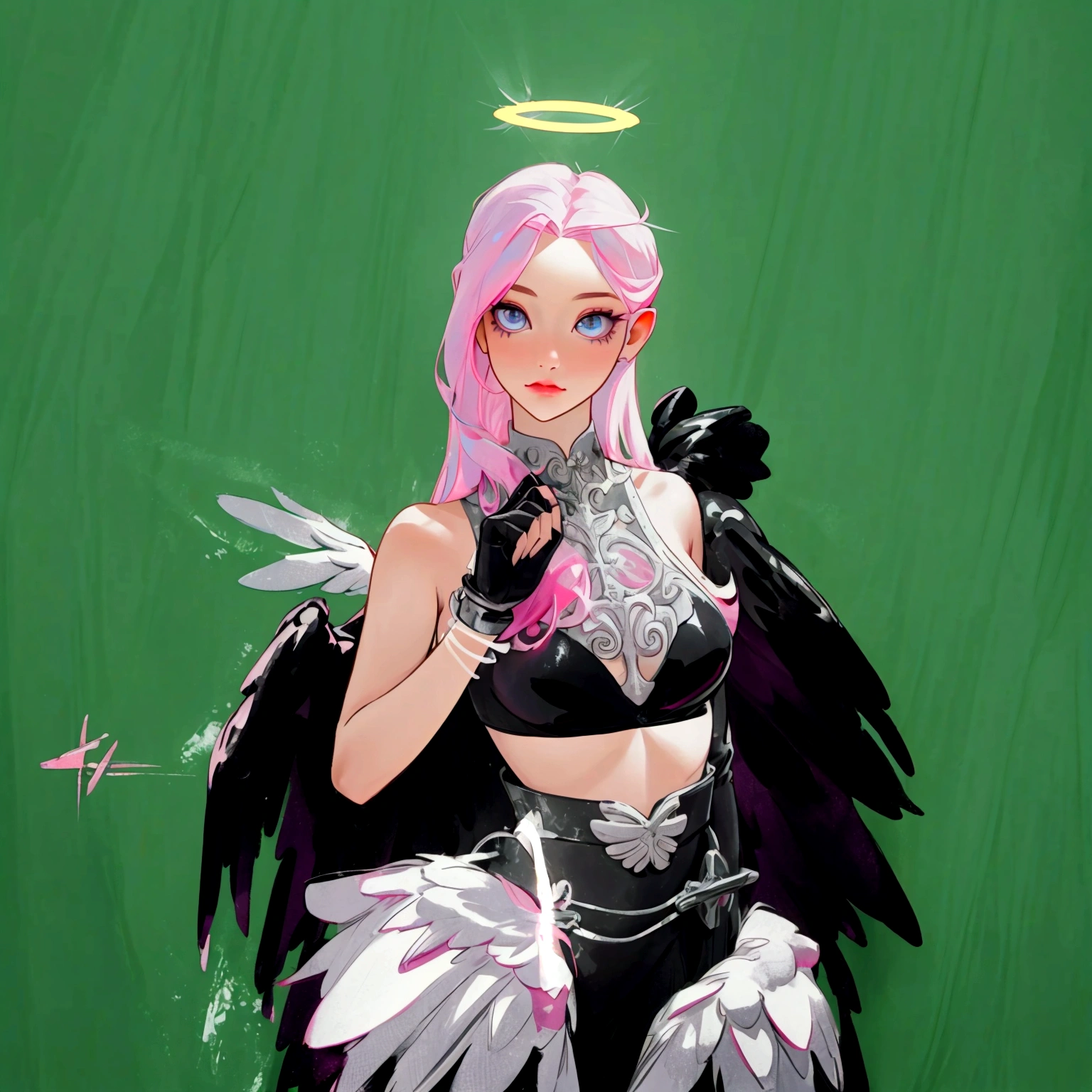 there is a woman with pink hair and angel wings posing, wearing angel halo, young wan angel, full - body majestic angel, wearing angel, villainess has black angel wings, angelic halo, angel halo, angel knight girl, as a mystical valkyrie, of an beautiful angel girl, kda, epic angel wings, npc with a saint's halo, angel knight gothic girl