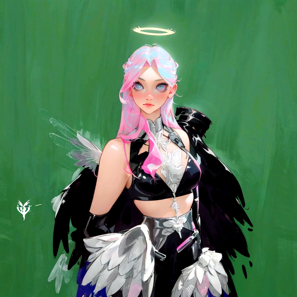 there is a woman with pink hair and angel wings posing, wearing angel halo, young wan angel, full - body majestic angel, wearing angel, villainess has black angel wings, angelic halo, angel halo, angel knight girl, as a mystical valkyrie, of an beautiful angel girl, kda, epic angel wings, npc with a saint's halo, angel knight gothic girl