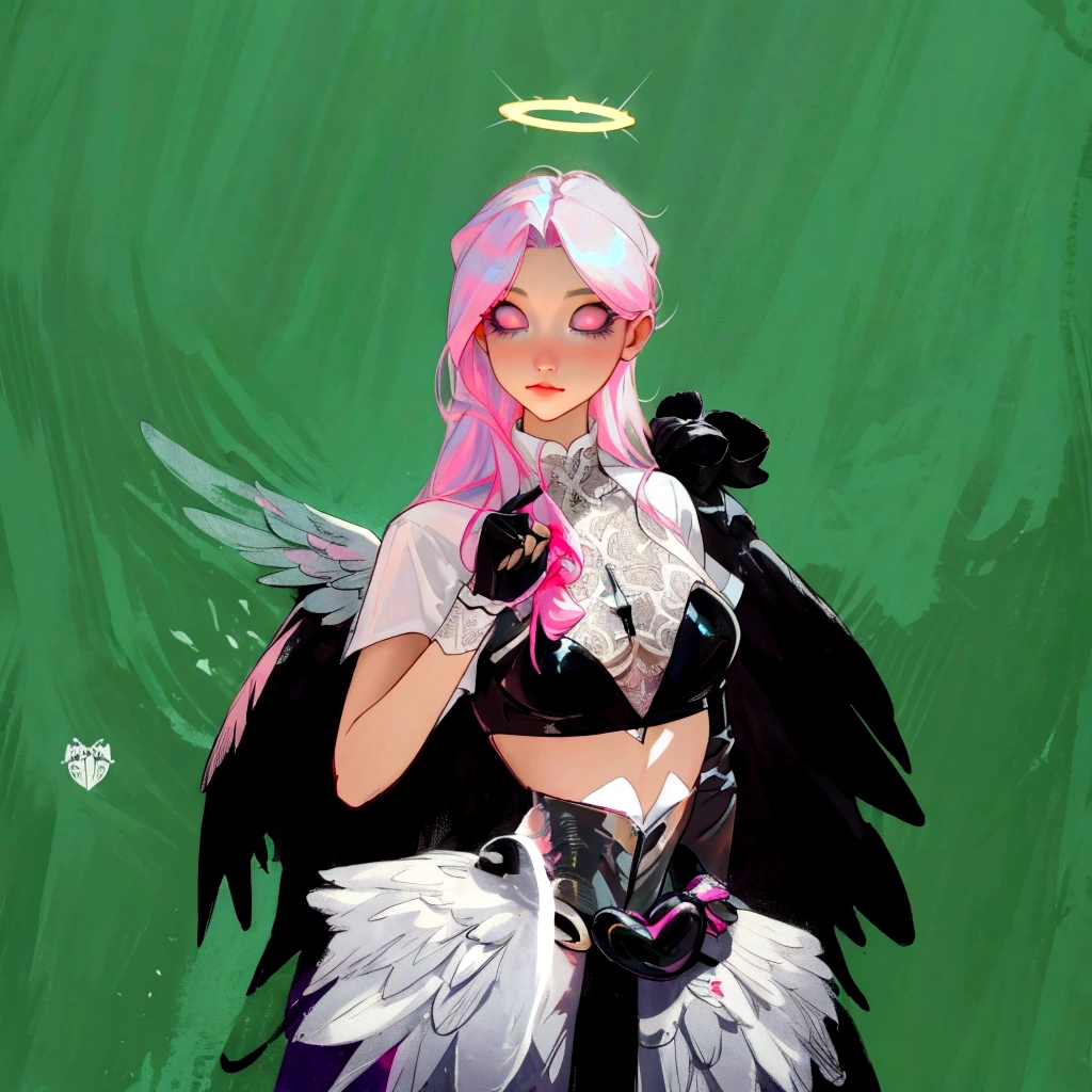 there is a woman with pink hair and angel wings posing, wearing angel halo, young wan angel, full - body majestic angel, wearing angel, villainess has black angel wings, angelic halo, angel halo, angel knight girl, as a mystical valkyrie, of an beautiful angel girl, kda, epic angel wings, npc with a saint's halo, angel knight gothic girl