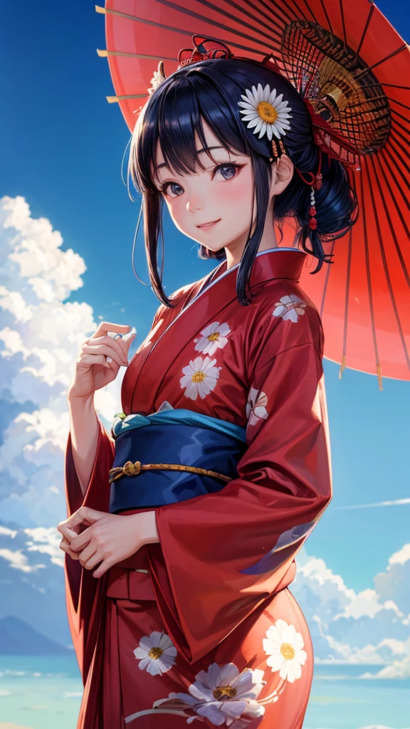 Japanese kimono Girl,Red yukata,smile,blue sky,Background daisy　Apparition　blue sky,Best Quality, Masterpiece, Ultra High Resolution, (Realisticity: 1.4), Original Photo, Cinematic Lighting,butterflyBackground,A kimono ,blue sky,The chest is small,Elegant,slender,daisy