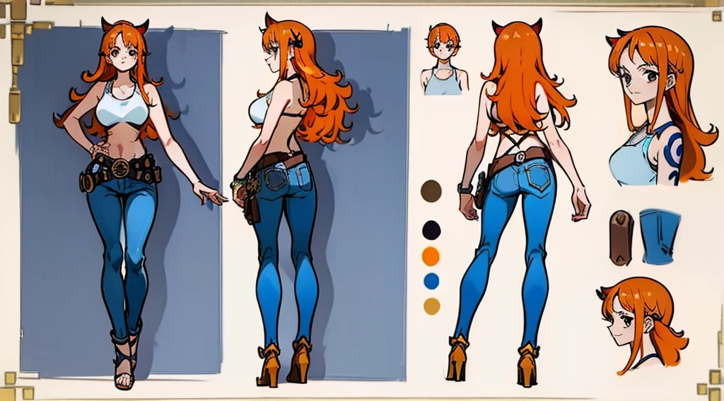 ((Best Quality)), ((Masterpiece)), (((detailed character sheet, frontal view, side view, three quarter view))) white background、one piece、whole body、whole bodyイラスト、whole bodyアニメーション、whole bodyリファレンスシート、denim、Tank top、High heels、Swimwear、bikini、original、New World、Long Hair、Orange Hair、Tattoo on left arm、Ring belt、Heighten your head、smile、Cute face、Narrow waist、Long legs、Beautiful feet、9 heads body、beautiful lady