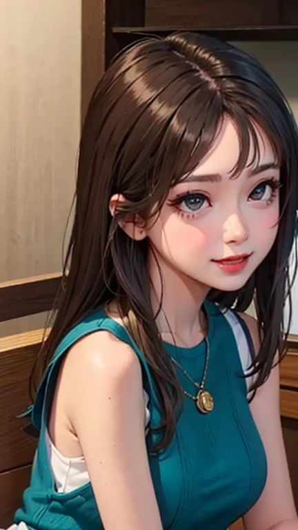 blush a little and smile, (Top quality masterpiece:1.2) Delicate illustrations, Very detailed, /Beautiful Japanese Women、1 person,Very cute and slim、Great style 、((8K images、super high quality))、Very delicate face, Skin and Hair、beautifule forehead、Red lipstick、(((((Mid-length hair、Brown Hair、lure))))),Very cute Japanese cut face、Eyes and nose are clearly visible、Kind eyes,((((Sleeveless fashion))))