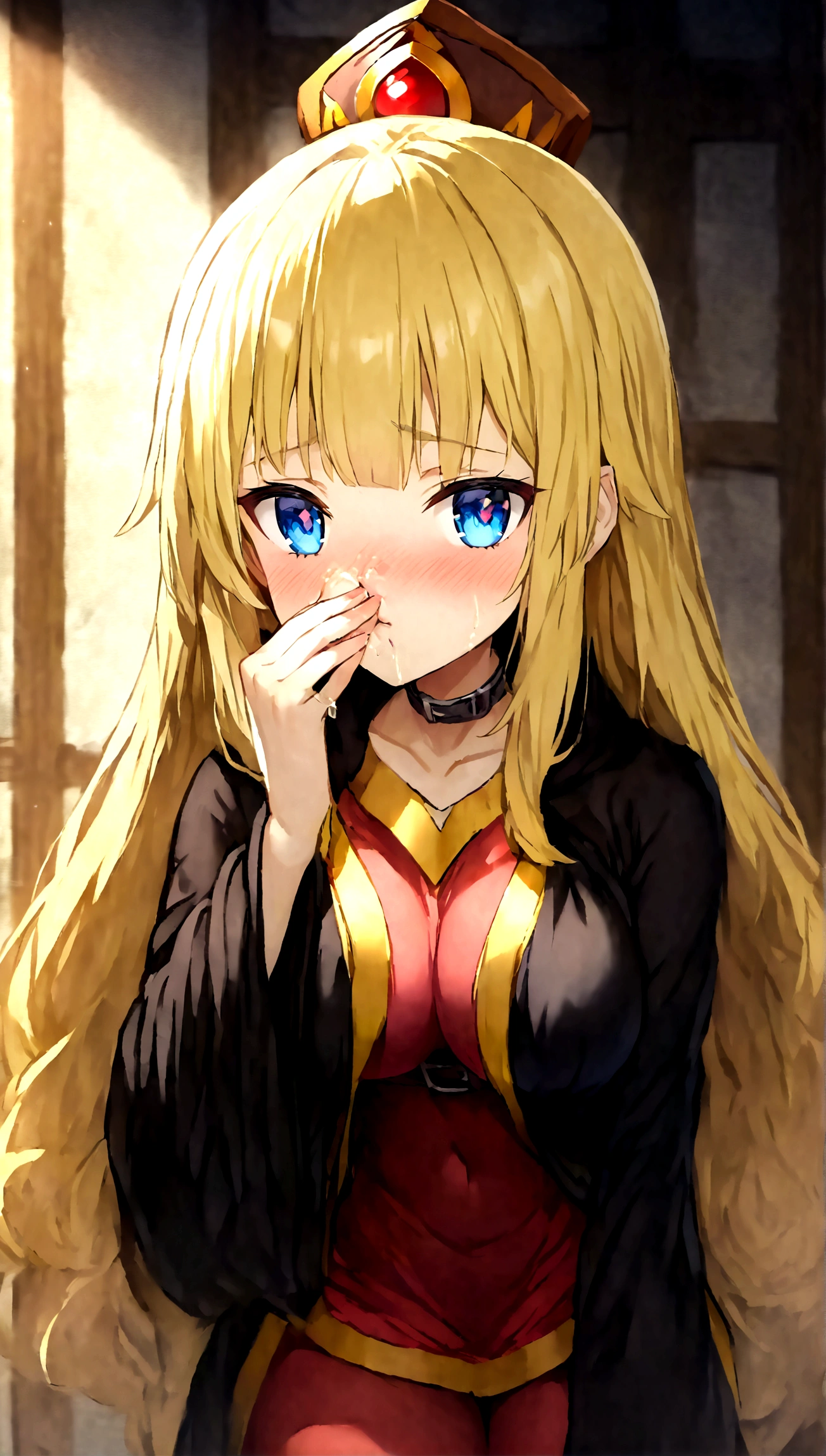Anime. Kono Subarashii Sekai ni Shukufuku wo. Megumin. 1 girl. Cutie. Enchantress. Mag. Blonde. Long hair. Hair ornament. Blue eyes. Beautiful eyes. Perfect eyes. Expressive eyes. Ideal face. Face about to sneeze
Sneezing face. Beautiful nose. Snotty nose. After sneezing, long snot hangs from the nose. 16 years. Big breasts. Beautiful breasts. She is ill. She has a cold. She has allergies. She has a runny nose. Nasal mucus. She has snot. She wants to sneeze. She needs to sneeze. She has a strong, desperate urge to sneeze. She sneezes. She sneezes. Splashes of snot fly to the sides. Snot flows from the nose. She has urinary incontinence. She wants to pee. She needs to pee.
She has a strong, desperate urge to pee. Iskkay. Fantasy. City. Street. Many people. Ideal anatomical body. Hand on crotch. Squeezes the perineum tightly. Rubs the crotch. The knees are all different, the feet are different. The girl can't stand straight. Pointed, wide-brimmed magic hat. Magic staff. Casts mortification. White linen blouse. Skirt. Shoes. Cloak. Full height. Beautiful character design. Shiny skin. Whole body. NFS. Official art. Extremely detailed CG Unity 8k wallpaper. Ideal lighting. Ultra high resolution 4K. Super detailed 8K. A high resolution.