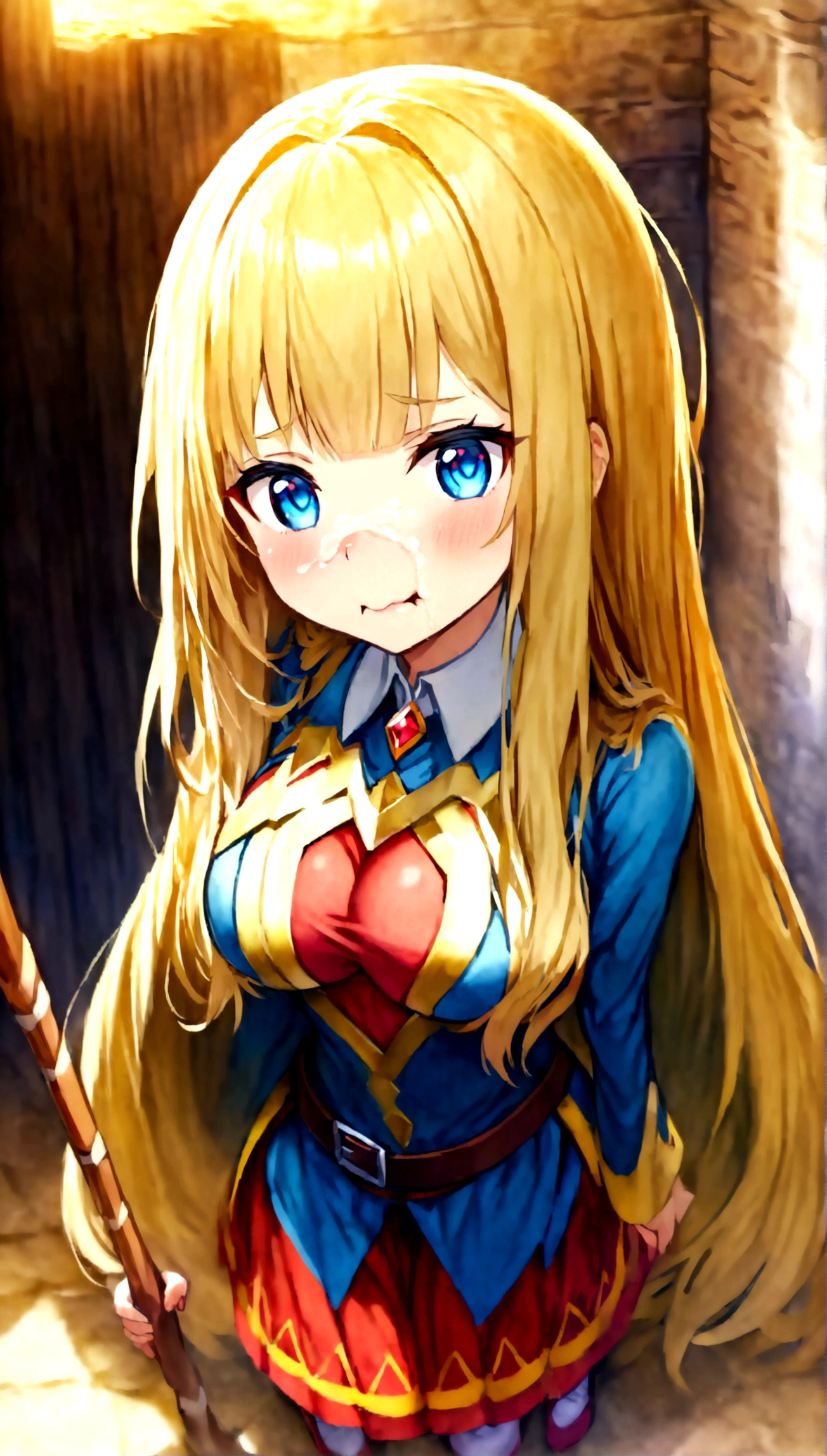 Anime. Kono Subarashii Sekai ni Shukufuku wo. Megumin. 1 girl. Cutie. Enchantress. Mag. Blonde. Long hair. Hair ornament. Blue eyes. Beautiful eyes. Perfect eyes. Expressive eyes. Ideal face. Face about to sneeze
Sneezing face. Beautiful nose. Snotty nose. After sneezing, long snot hangs from the nose. 16 years. Big breasts. Beautiful breasts. She is ill. She has a cold. She has allergies. She has a runny nose. Nasal mucus. She has snot. She wants to sneeze. She needs to sneeze. She has a strong, desperate urge to sneeze. She sneezes. She sneezes. Splashes of snot fly to the sides. Snot flows from the nose. She has urinary incontinence. She wants to pee. She needs to pee.
She has a strong, desperate urge to pee. Iskkay. Fantasy. City. Street. Many people. Ideal anatomical body. Hand on crotch. Squeezes the perineum tightly. Rubs the crotch. The knees are all different, the feet are different. The girl can't stand straight. Pointed, wide-brimmed magic hat. Magic staff. Casts mortification. White linen blouse. Skirt. Shoes. Cloak. Full height. Beautiful character design. Shiny skin. Whole body. NFS. Official art. Extremely detailed CG Unity 8k wallpaper. Ideal lighting. Ultra high resolution 4K. Super detailed 8K. A high resolution.