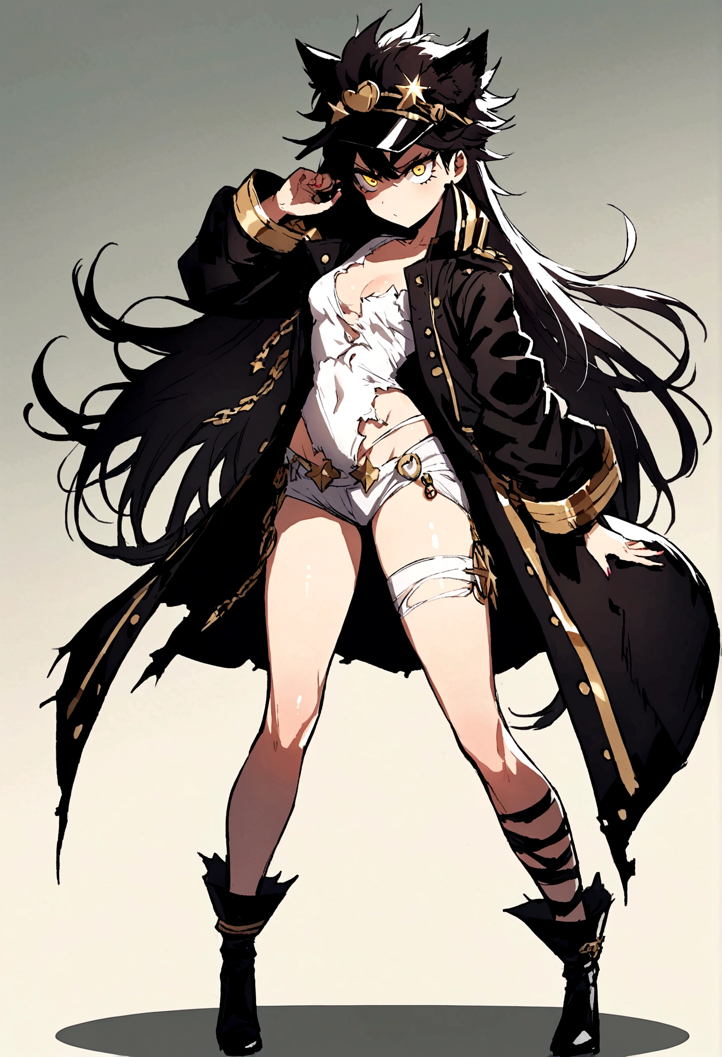 beautiful delinquent girl, ripped clothes style, long hair, face perfect, glare eyes, fully body, stellar outfit, animal ears