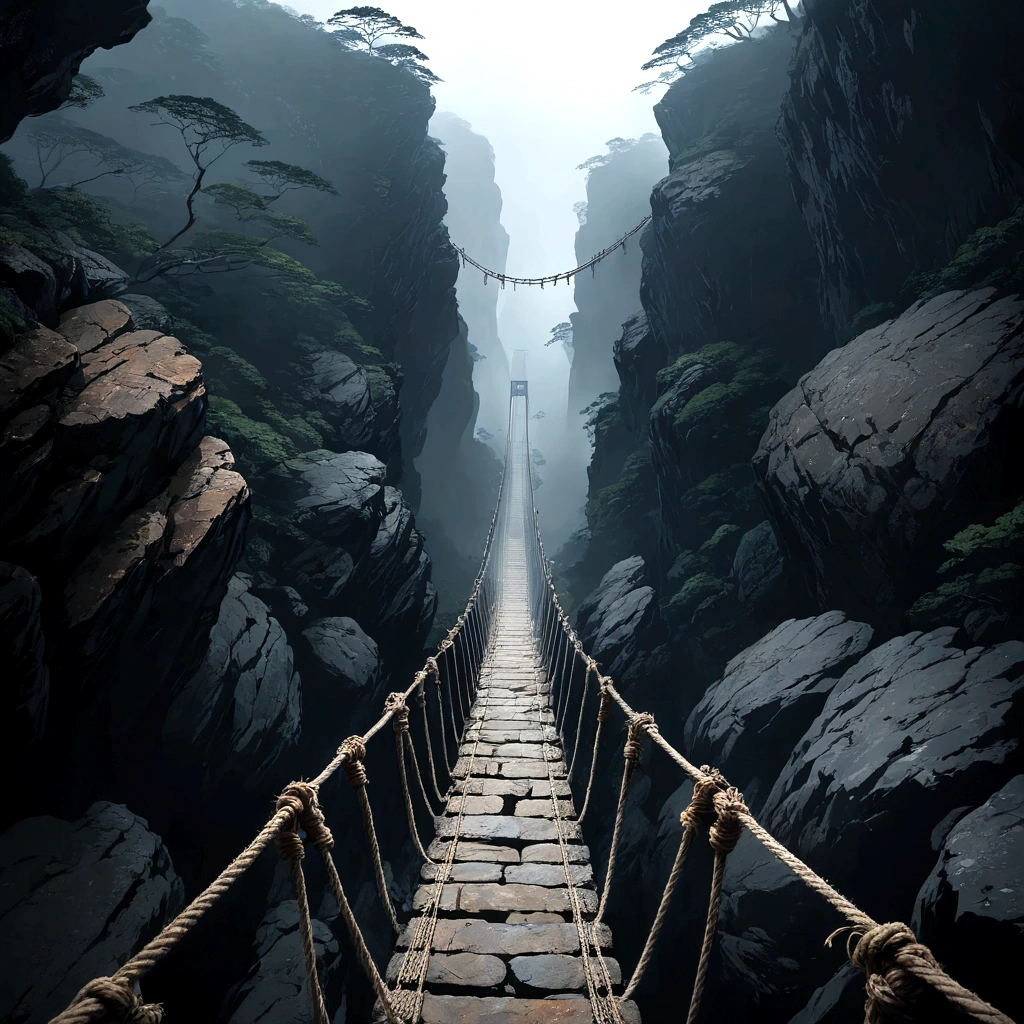 Beautiful game world,Fantasy,Furai no Shiren,Naraku Gorge,Dungeons,First Person View,dim,fog,Wet rock surface,Cold air,Strong winds,Roar,anxiety,fear,Overlooking cliff,足元のanxiety定な足場,Narrow suspension bridge,Rusty rope,Creaking Sound,darkness that lasts forever,The roar of a beast can be heard from deep within