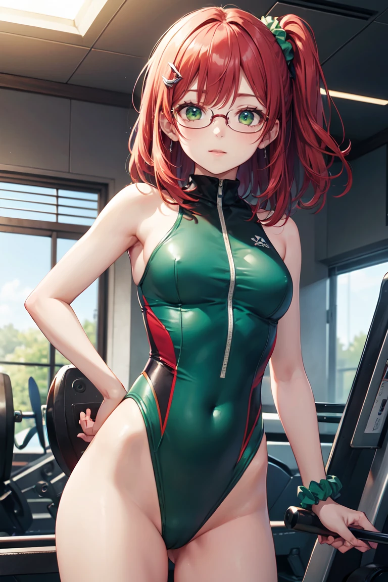 best quality, masterpiece, extremely detailed CG, official art , professional lighting, (sakimiyairuka), one side up, green scrunchie, hair ornament, red hair, green eyes, perfect face, gleaming skin, groin,(leotard), glasses, gym