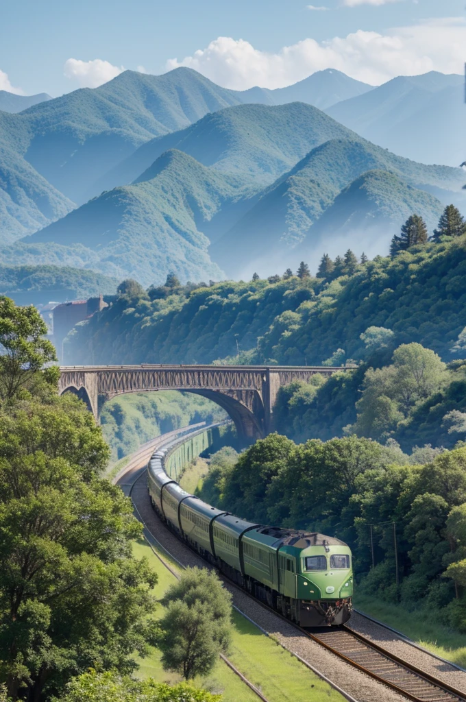 The green train is heading off into the distance,The train is very long,The locomotive heads into the distance