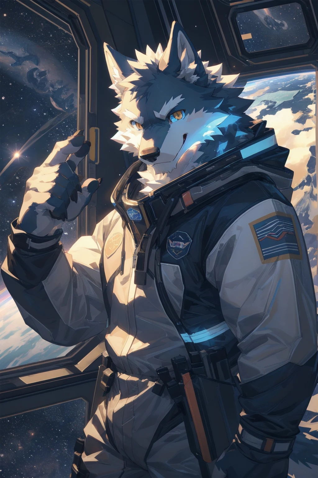 Best quality, Professional, Vivid Colors, Cinematic light, wolf, Muscular male, kemono, by zixiong, Solo, grey Fur, white body, golden eyes, pectorals, (detailed face, detailed eyes:1.5), looking at viewer, workwear style spacesuit, space observation deck background, smirking, seductive smile, lustful grin, full body,