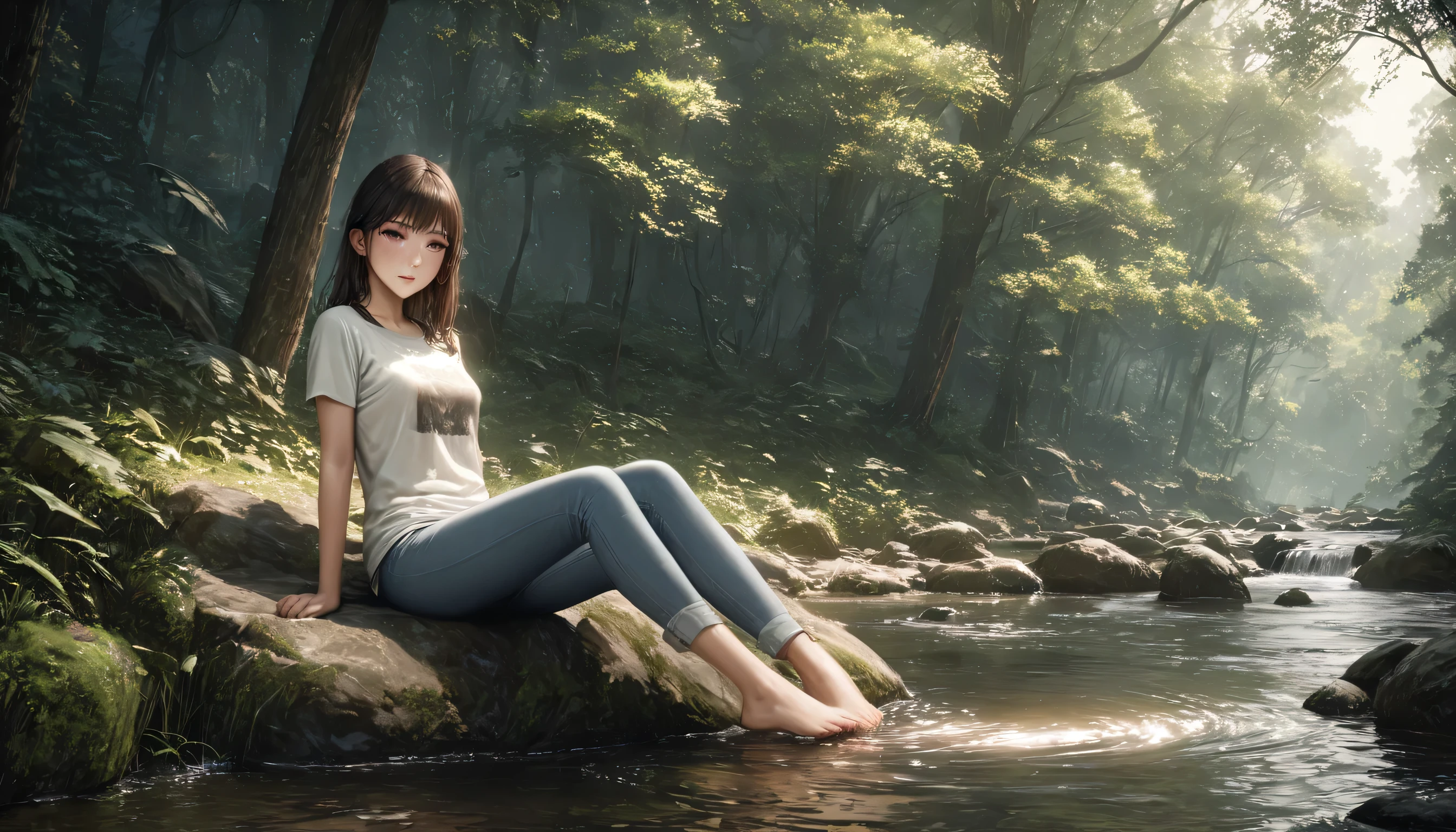 (Highest quality, masterpiece:1.2), Very detailed, Realistic:1.37, 8K, High resolution, Very detailed background, Silhouette of a girl walking through a stream in a woodland, (Short sleeves and long pants、Jeans on a t-shirt), Forest Trees々々The sunlight shining through, Beautiful girl relaxing barefoot in a stream, Sitting on a rock, Beautiful scenery decorated with earth tones, A Hopeful Outlook, Expressions that evoke tender feelings in the viewer, 、Prioritize the view、anime face、(((The woman has a well-proportioned face)))