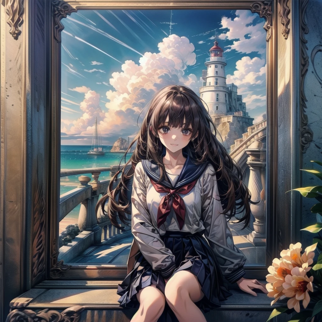 ((最high quality, 8K, masterpiece: 1.3, Ultra HD, high quality, 最high quality, High resolution, realism)) 、Very beautiful 18 year old Japanese schoolgirl、I'm wearing a sailor suit、Wearing a navy blue pleated skirt、Wear loafers、Hair is light brown、black eye、Medium Hair、Straight hair、smile、sit on a high breakwater on the beach、The blue sky is beautiful、There is a road in front of the breakwater..、The sea is beautiful、Beautiful horizon、 An island is visible offshore、Entering the clouds above the horizon、Island Lighthouse