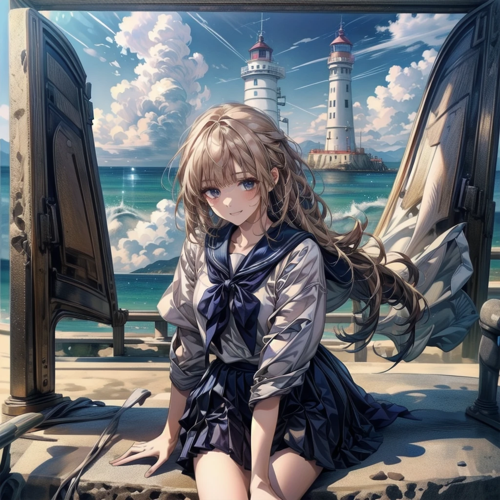 ((最high quality, 8K, masterpiece: 1.3, Ultra HD, high quality, 最high quality, High resolution, realism)) 、Very beautiful 18 year old Japanese schoolgirl、I'm wearing a sailor suit、Wearing a navy blue pleated skirt、Wear loafers、Hair  is light brown、black eye、Medium Hair、Straight hair、smile、sit on a high breakwater on the beach、The blue sky is beautiful、There is a road in front of the breakwater..、The sea is beautiful、Beautiful horizon、 An island is visible offshore、Entering the clouds above the horizon、Island Lighthouse