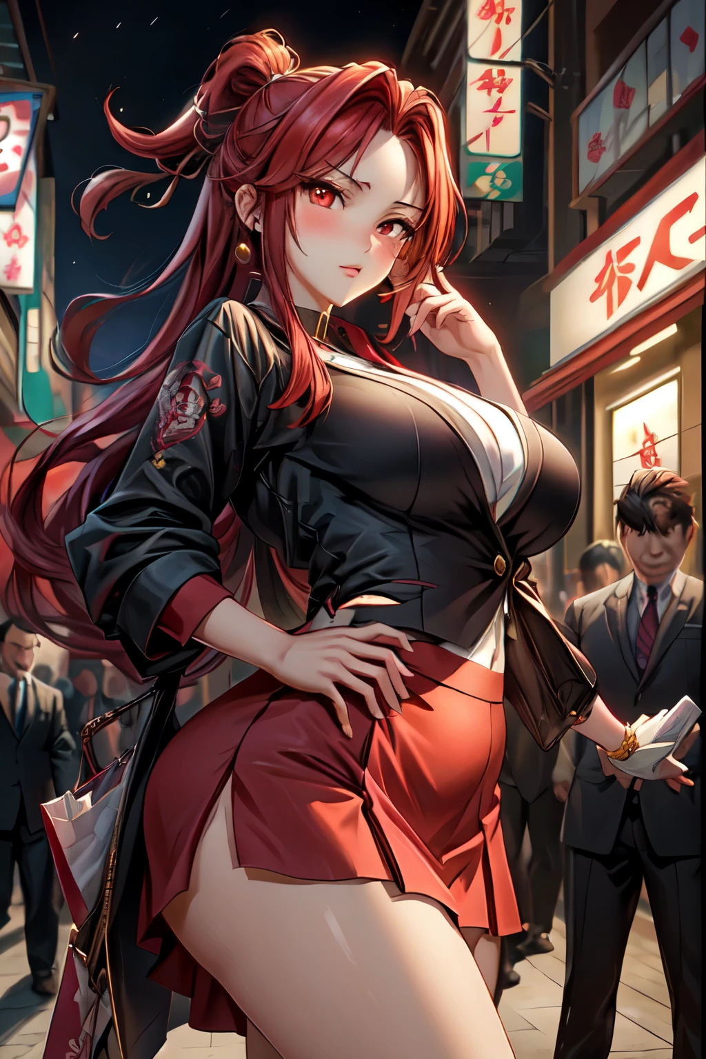 ((best quality)), ((Masterpiece)), (details), Yakuza Girl, big breasts, gang leader, suit, red hair, red eyes, long hair, short skirt, Shopping area, Crowded, at night, Threat, among subordinates,