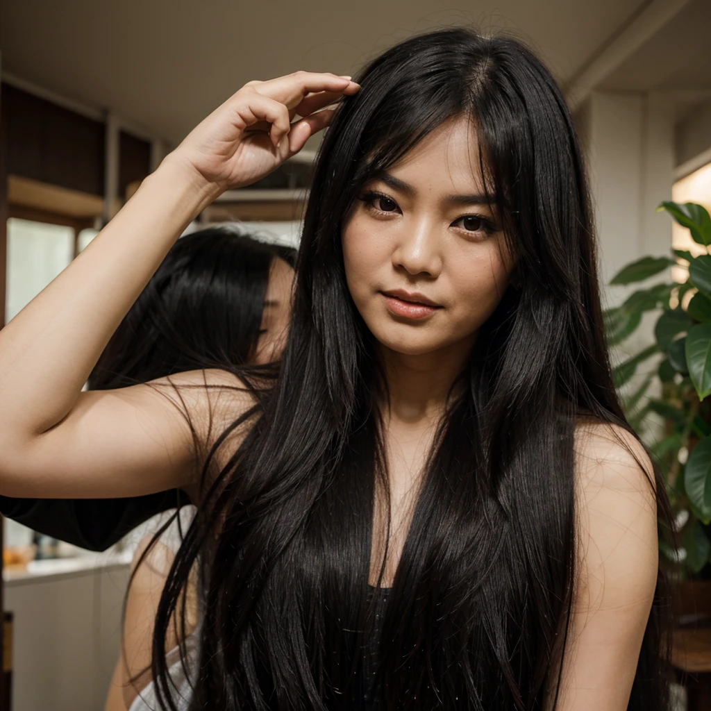 an old man grabs the hair of a long black silky haired vietnamese woman