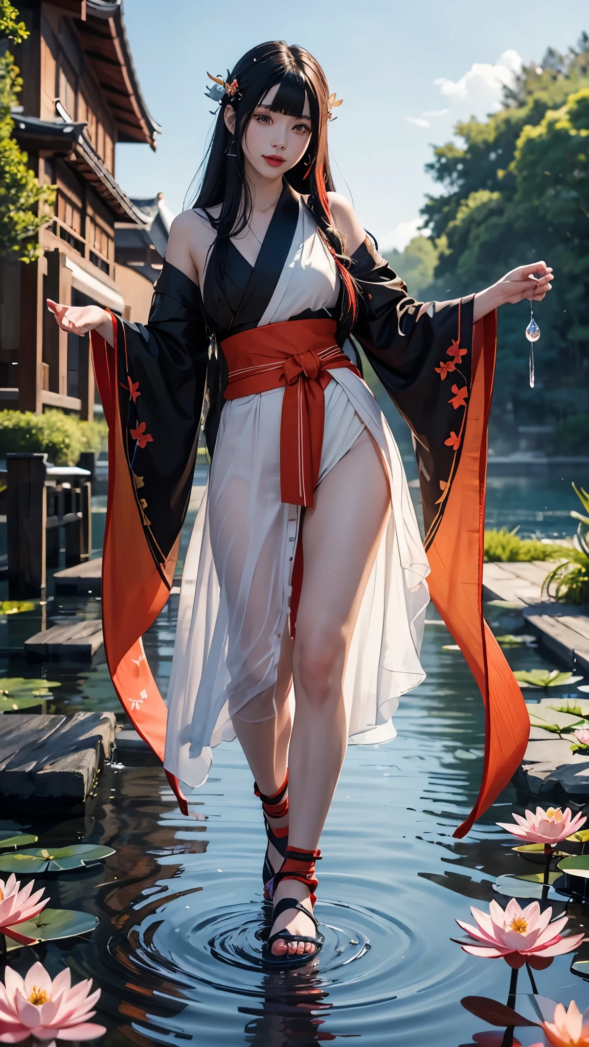 Wearing a lapis lazuli kimono in the dark１７Year-old girl、Shiny black long straight hair、Up to the waist、Red and white mesh hair on a black background、Orange and red gradient eyeshadow、Slightly open red mouth、Walking quietly on the water、White tabi socks、Red cord、Sandals decorated with bells and white flowers、Holding a Japanese-style flute in his right hand、water pattern、Water Drop、A heron jumps out of the water、Take Off、Waterweed、water lily、
masterpiece, ultra detailed, best quality, hyperrealistic, photorealistic, 


