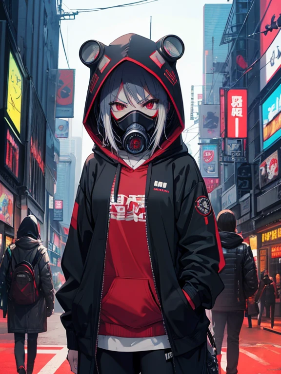 anime girl with gas mask and hood on, Cyberpunk anime girl in a hoodie, she wear red eyed gas mask, Spectacular anime style, wearing a gas mask, gas mask, gas mask, Amazing anime 8k, Anime Cyberpunk art, Wearing a pitch black menpo mask, Angry Teenage Murderer, she wear gas mask, Anime Cyberpunk,