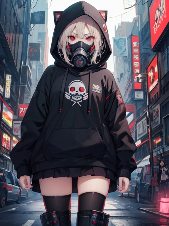 anime girl with gas mask and hood on, Cyberpunk anime girl in a hoodie, she wear red eyed gas mask, Spectacular anime style, wearing a gas mask, gas mask, gas mask, Amazing anime 8k, Anime Cyberpunk art,  Wearing a pitch black menpo mask, Angry Teenage Murderer, she wear gas mask, Anime Cyberpunk,