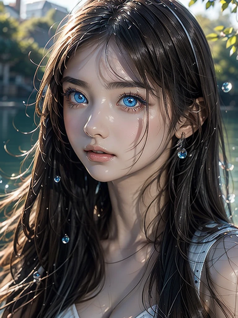 A beautiful woman with dreamy blue cornflower eyes, perfect depth of field, lovely lens flare accents, extremely detailed facial features, a beautiful background with a transparent water surface and floating water droplets, a stunning photograph capturing the beauty of the woman and the water.