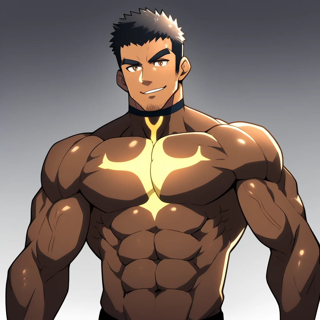 anime characters:Gyee, Muscle Sports Student, negro black skin, 1 dark skin muscular tough guy, Manliness, male focus, Brown long-sleeved high-neck fitness tights, Very tight, Round, full and perky chest muscles, Perfect waist line, Slightly transparent, muscular male, muscular, only, Upper body, alone, Black short hair, Thick eyebrows, stubble, Brown eyes, Grey background, simple background, amazing quality, best aesthetics, Ridiculous, bright pupils, crew cut, parted lips, seductive smile, torogao, naughty face, best quality