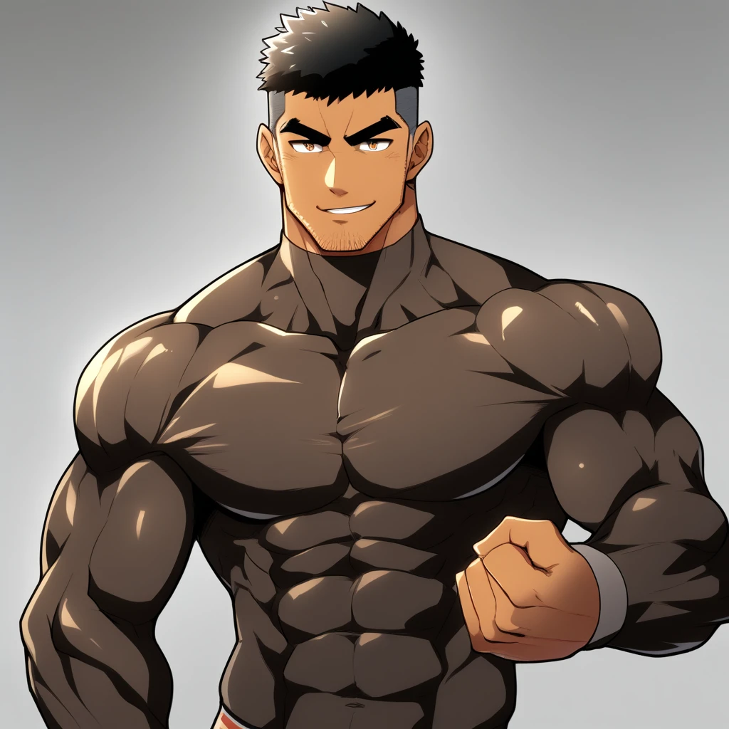 anime characters:Gyee, Muscle Sports Student, negro black skin, 1 dark skin muscular tough guy, Manliness, male focus, Brown long-sleeved high-neck fitness tights, Very tight, Round, full and perky chest muscles, Perfect waist line, Slightly transparent, muscular male, muscular, only, Upper body, alone, Black short hair, Thick eyebrows, stubble, Brown eyes, Grey background, simple background, amazing quality, best aesthetics, Ridiculous, bright pupils, crew cut, parted lips, seductive smile, torogao, naughty face, best quality