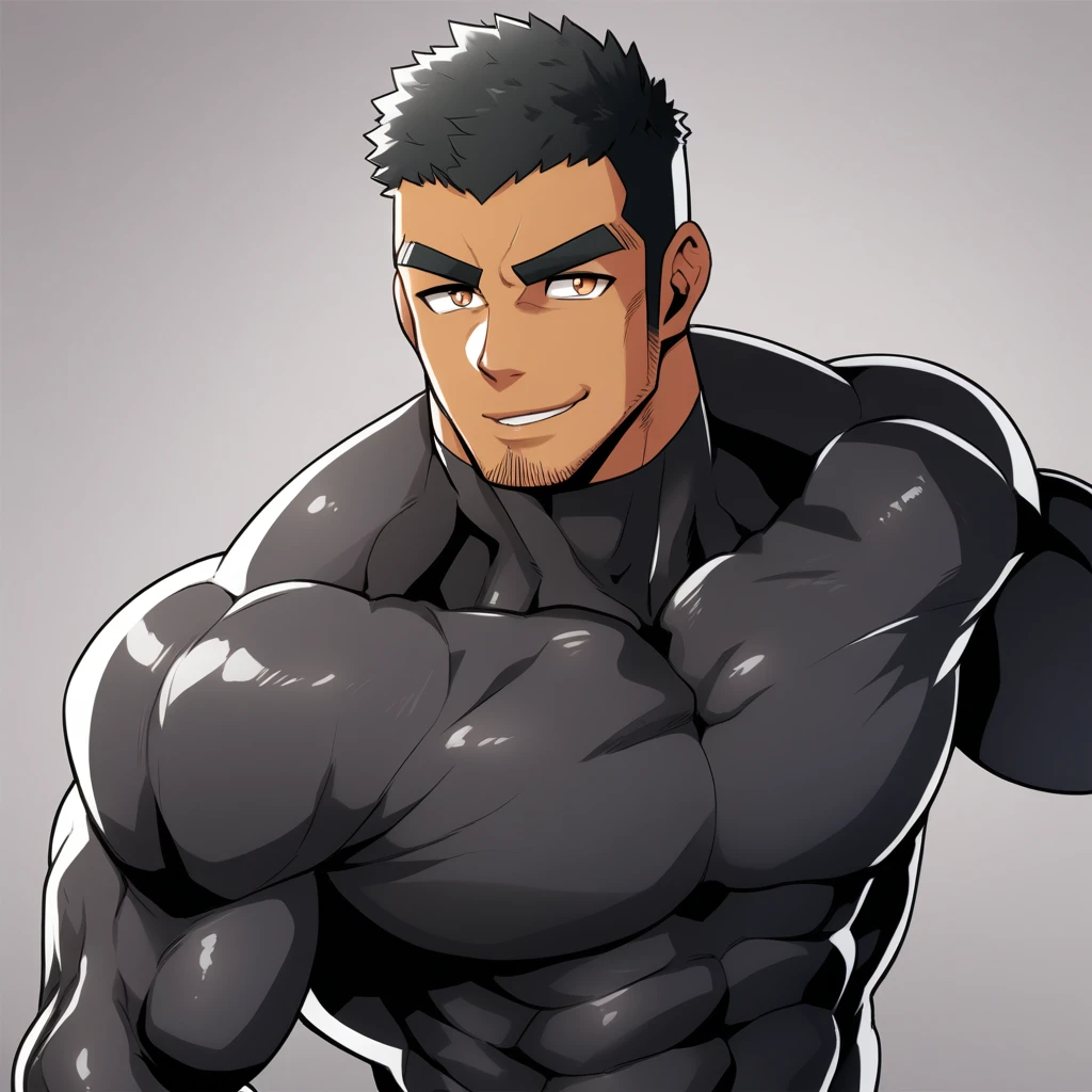 anime characters：Gyee, Muscle Sports Student, negro black skin, 1 dark skin muscular tough guy, Manliness, male focus, Brown long-sleeved high-neck fitness tights, Very tight, Round, full and perky chest muscles, Perfect waist line, Slightly transparent, muscular male, muscular, only, Upper body, alone, Black short hair, Thick eyebrows, stubble, Brown eyes, Grey background, simple background, amazing quality, best aesthetics, Ridiculous, bright pupils, crew cut, parted lips, seductive smile, torogao, naughty face, best quality
