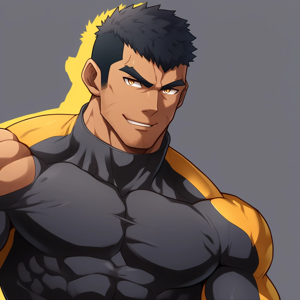 anime characters：Gyee, Muscle Sports Student, negro black skin, 1 dark skin muscular tough guy, Manliness, male focus, Brown long-sleeved high-neck fitness tights, Very tight, Round, full and perky chest muscles, Perfect waist line, Slightly transparent, muscular male, muscular, only, Upper body, alone, Black short hair, Thick eyebrows, stubble, Brown eyes, Grey background, simple background, amazing quality, best aesthetics, Ridiculous, bright pupils, crew cut, parted lips, seductive smile, torogao, naughty face, best quality