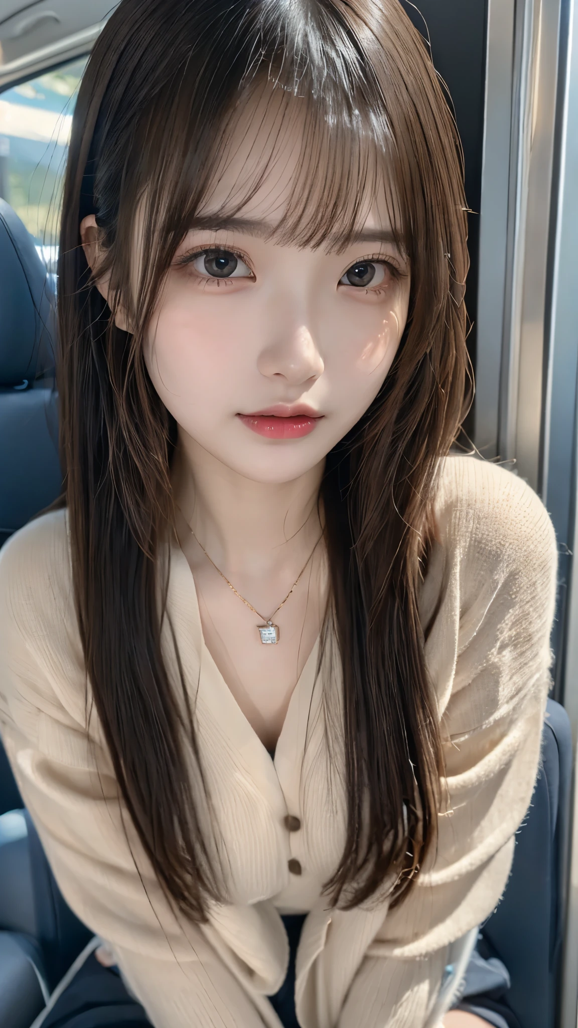 in 8K,photos realistic (1 Cute Korean Idol ) low-tied long hair, Thin makeup, Medium chest size, Close-up portrait, nffsw、Punk Girl、Pendants,FULL BODYSHOT、beauty legs、Beautiful legs、-yeld 、Ss looking at this、(Super beautiful girl:1.5)、(A detailed face)、Adult face、Bare legs, thighs、a closeup、full body Esbian、Nasty eyes,woman in a suit and tie sitting on a train, a hyperrealistic , hyperrealistic , pretty face with arms and legs, cute , crossed legs, young gravure idol, sakimichan, young pretty gravure idol, japanese girl , juicy legs, legs visible,