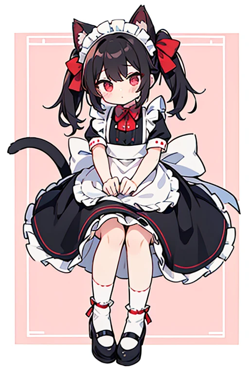 One adult woman,hair_black,Twin tails,big tail,apron_red,Classic Maid_red,long,eye_pink,socks_white,pumps_black