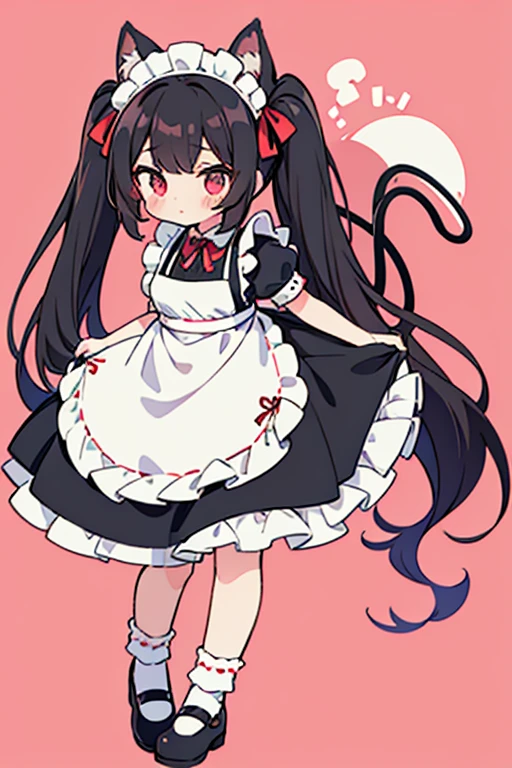 One adult woman,hair_black,Twin tails,big tail,apron_red,Classic Maid_red,long,eye_pink,socks_white,pumps_black
